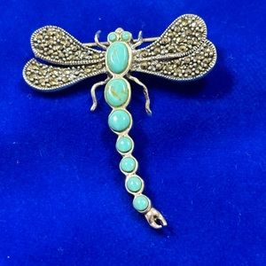 AUTHENTIC 925 Silver TURQUOISE CRYSTAL DRAGONFLY PIN ~ BROOCH
